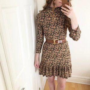 Vintage Cottagecore Smocked Ruffle Mock Neck Dress